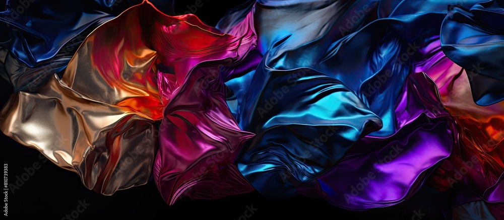 Poster An isolated black background displays an abstract composition of textured foil pieces illuminated with a variety of vibrant colors Copy space image
