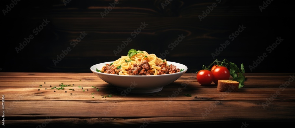 Poster A plate of pasta with meat is placed on a rustic wooden table creating a visually appealing setting There is ample copy space around the food for adding text
