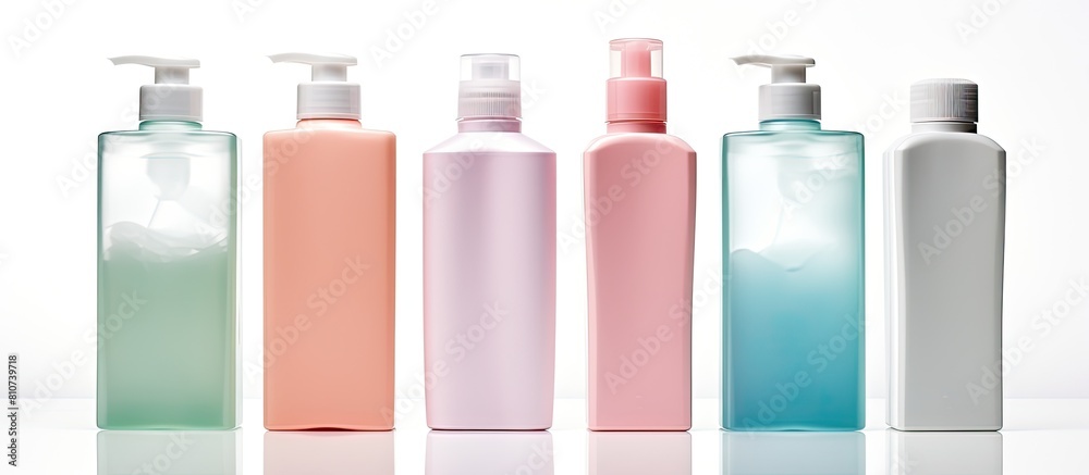 Poster A set of cosmetic bottles with cleaning pads isolated on a white background creating ample copy space in the image