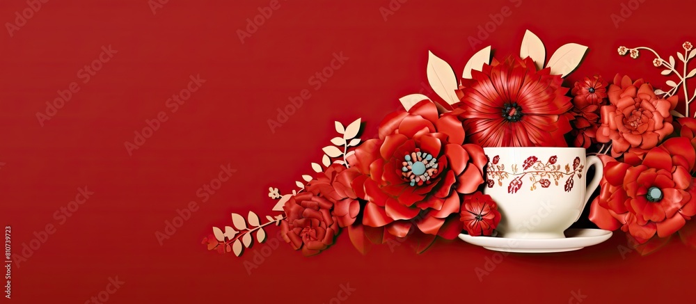 Poster a flat design featuring a composition of flowers set on a red background with decorative flowers ide
