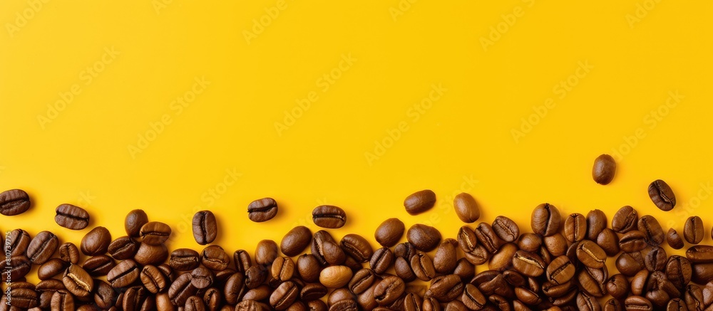 Poster a vibrant yellow backdrop with coffee beans providing enough space for text and a panoramic frame. c