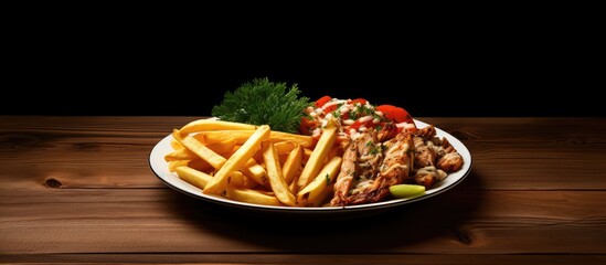 A plate containing kebab vegetables and french fries placed on a wooden table with ample blank...
