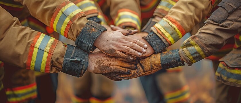 Men and women fire fighters practicing team building by stacking hands