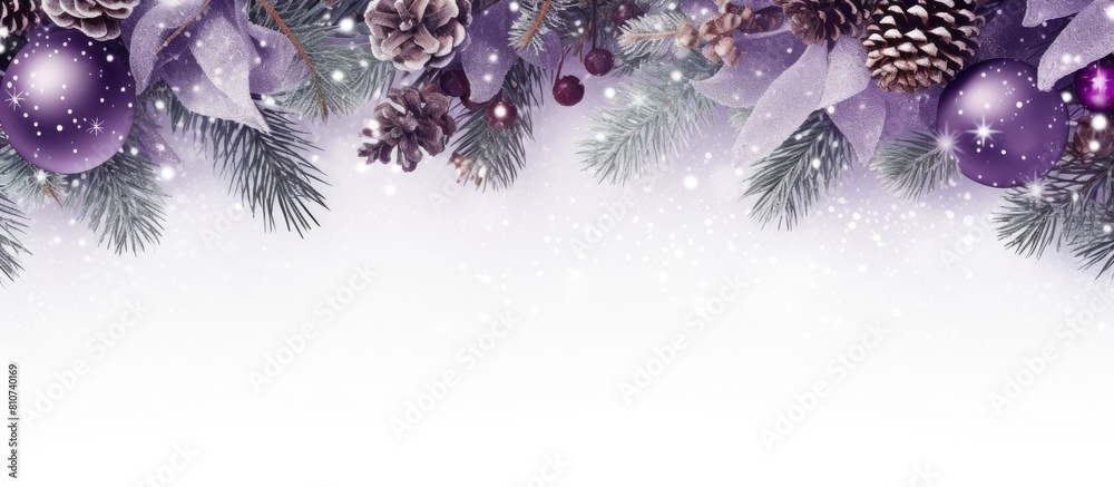 Leinwandbilder festive header with a snowy frame of purple christmas decorations and pine twigs creating a holiday 