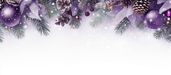 Festive header with a snowy frame of purple Christmas decorations and pine twigs creating a holiday background with copy space image