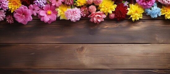 A copy space image with a group of flowers arranged on a wooden backdrop