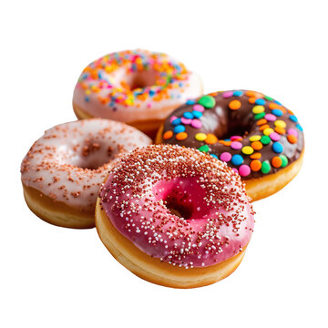 recommend clip art: Colorful Glazed Doughnuts isolated on white transparent background, ultra realistic, PNG