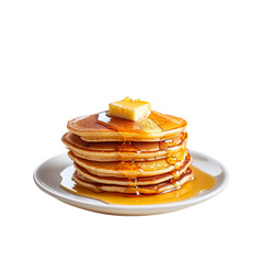 Pancakes with butter and maple syrup isolated on white transparent background, ultra realistic, PNG
