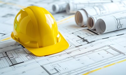 
architecture blueprints with yellow helmet on top of it