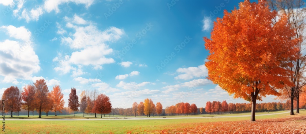 Poster autumn park scenery with vibrant leaves against a backdrop of the sky perfect for a copy space image