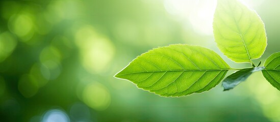 A closeup view of a green leaf in a summertime garden bathed in sunlight with ample empty space around it for additional visuals