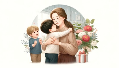 The mother smiling with joy and embracing her two young sons in a loving embrace on floral arrangements background.  - obrazy, fototapety, plakaty
