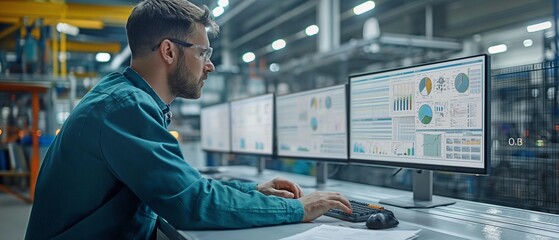 Manufacturing worker looking up assembly line performance data on a screen