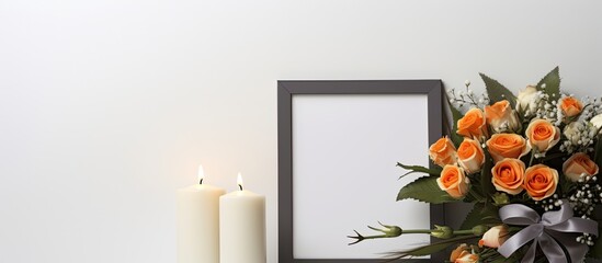 Fototapeta premium Indoors there is a photo frame adorned with a black ribbon a burning candle placed on a light grey table and a wreath of plastic flowers positioned near the wall This setup provides a suitable backgr