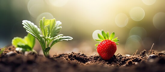 A strawberry seedling bearing a red berry rests on the ground in the garden creating a picturesque copy space image - Powered by Adobe