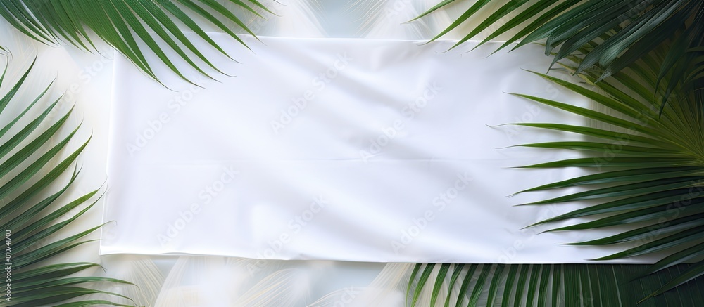 Aufkleber there is a white sheet of paper placed amidst white palm leaves offering ample copy space for any te