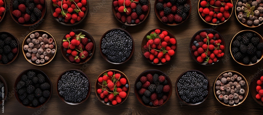 Aufkleber Berries arranged on round plates with a brown wooden backdrop The image includes copy space and is captured from a flat top view