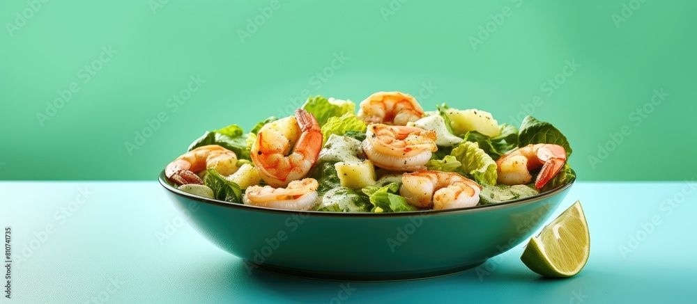 Poster A plate of Caesar salad with shrimp and a healthy diet option for weight loss with room for adding text. Creative banner. Copyspace image