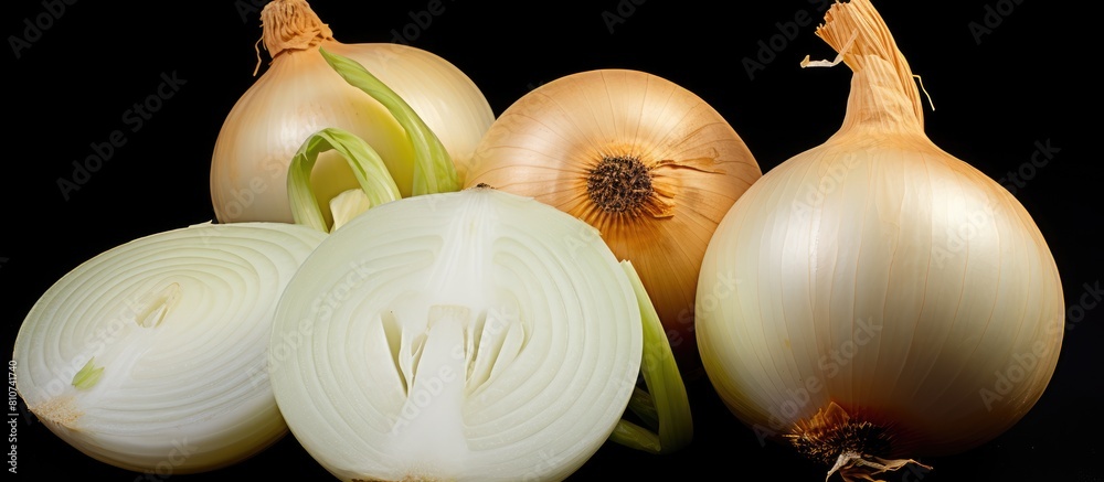 Poster a top view of fresh ripe white onions is displayed on a black background with a free copy space imag