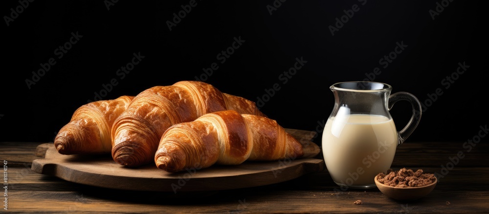 Poster a dark background amplifies the appeal of croissants on a wooden dish accompanied by a milk jug crea