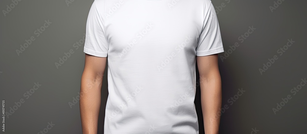 Poster stylish young man wearing a white t shirt poses on a grey background creating a perfect copy space i