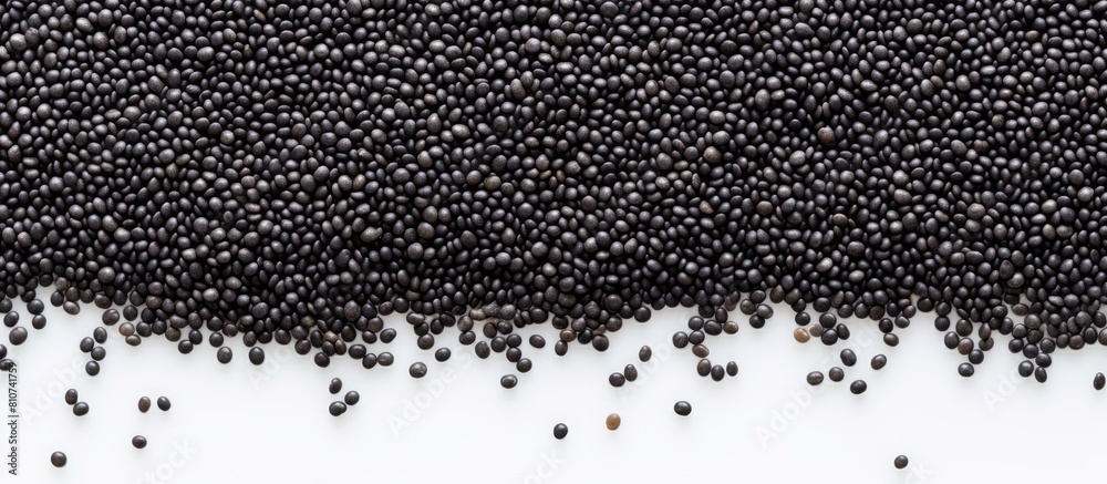 Poster Top view of black quinoa seeds on a white background with ample space for your text in the image