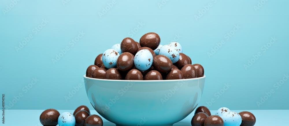 Leinwandbilder copy space image of an easter themed arrangement featuring chocolate eggs against a blue backdrop pr