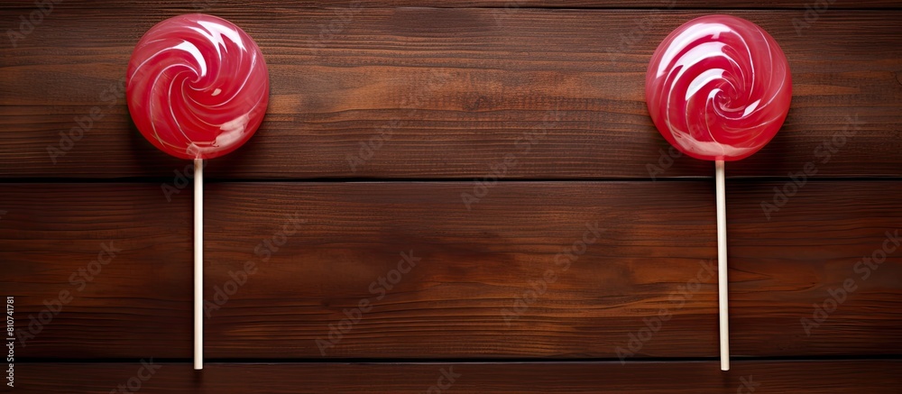 Aufkleber A top down view of two circular lollipops on a wooden table with empty space for text or images. Creative banner. Copyspace image