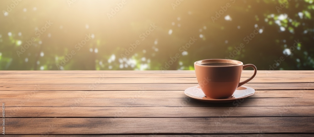 Poster A cup of tea is placed on a wooden table creating a peaceful image with ample empty space around it for copy