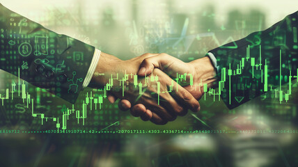 A conceptual image showcasing two professionals engaging in a handshake overlaid with vibrant financial data and digital icons