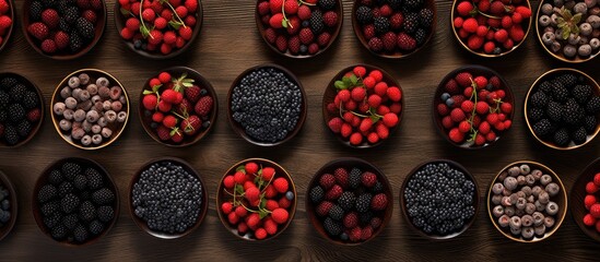 Berries arranged on round plates with a brown wooden backdrop The image includes copy space and is...