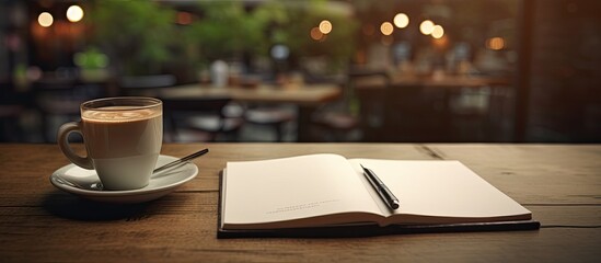 A copy space image showcasing a notebook placed on a table in a coffee shop close up