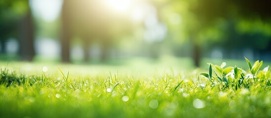 Copy space image of a lush green lawn with a naturally green backdrop and a soft blurred effect