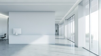 Obraz premium Modern white open space office interior with a mock-up wall for business presentations and collaborative workspaces