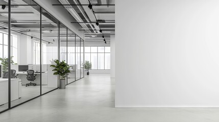 Modern white open space office interior with a mock-up wall for business presentations and collaborative workspaces
