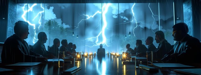 Business meeting lit by frequent lightning flashes