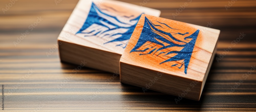 Poster Close up view of isolated abstract blue and orange wood type stamps with lightning or thunder motifs set against a wooden background Ample copy space is available in the image