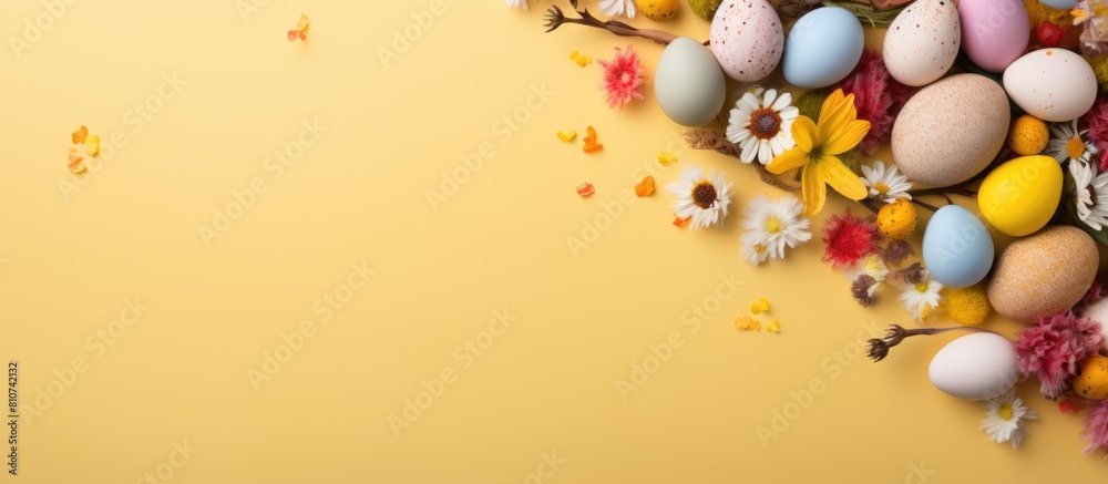 Poster A top down view of Easter themed elements including colorful handmade eggs an egg tray a bunny and flowers on a yellow background The scene is laid out flat and an Easter card with space for text is