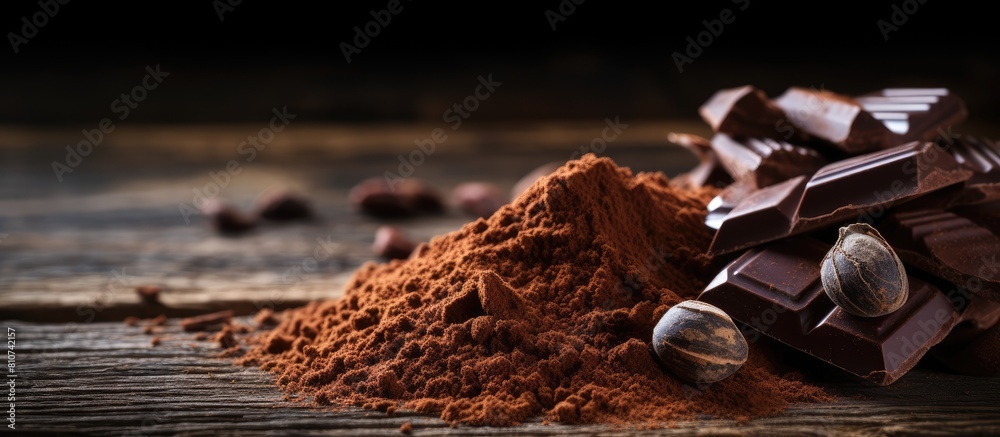 Aufkleber Close up image of cocoa powder and dark chocolate arranged on an aged wooden table creating an enticing composition with ample copy space