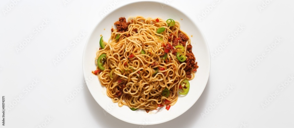 Aufkleber a top down view of a white background copy space image featuring instant noodles seasoned with peppe