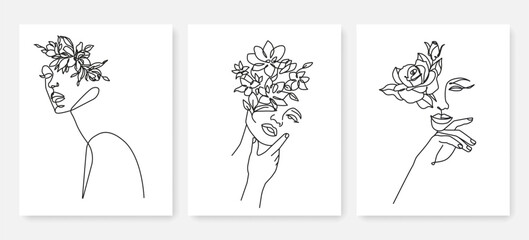 Female Face with Flowers Line Drawing Prints Wall Art Set. Minimal Linear Illustration of Woman Face with Flower. Set of Line Drawing Abstract Woman Head for Trendy Boho Design. Vector Illustration