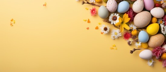 A top down view of Easter themed elements including colorful handmade eggs an egg tray a bunny and flowers on a yellow background The scene is laid out flat and an Easter card with space for text is