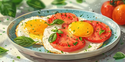 Healthy lunch with fried eggs and tomatoes slices