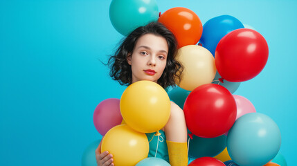 Obraz premium Young girl with medium-length black wavy hair holds a huge bunch of multi-colored balls on a blue background.