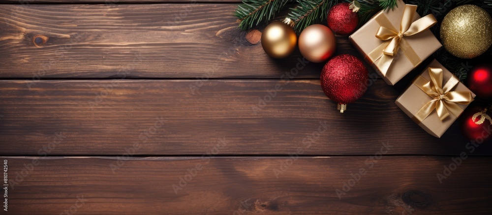 Poster a copy space image showcasing top down view of christmas ornaments and gifts arranged on a wooden ba