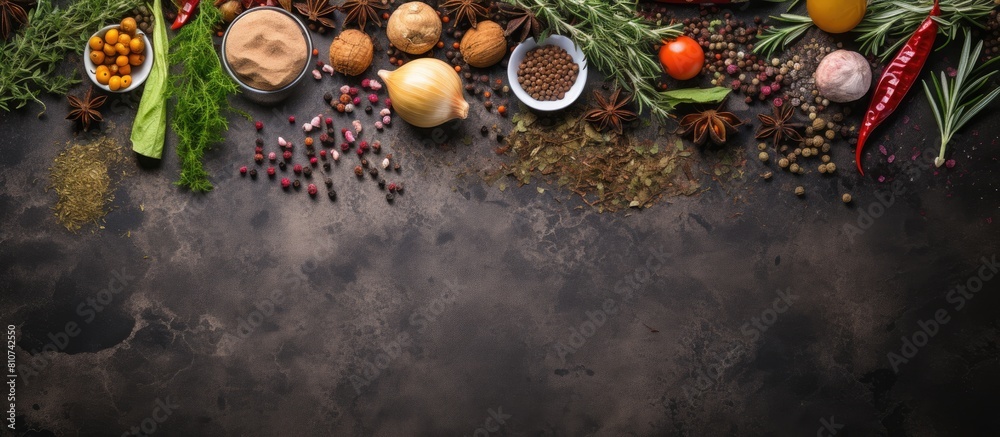 Poster A top down view of a stone table adorned with an assortment of flavorful herbs and spices creating a vibrant cooking scene There is ample space for your text in this captivating copy space image