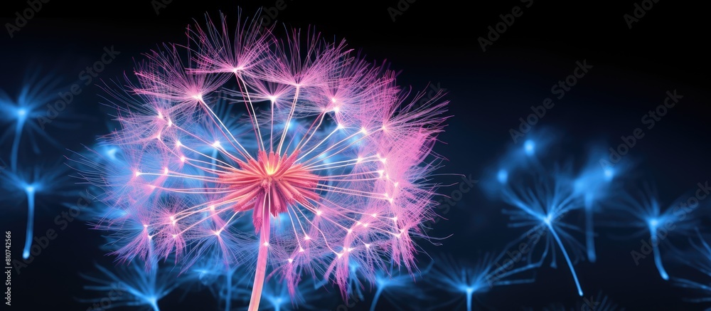Poster abstract copy space image of a large dandelion illuminated by neon pink and blue lights set against 
