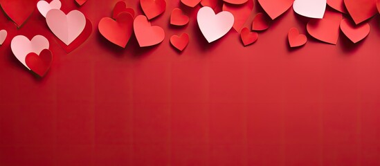 A red background with paper hearts cut out on Valentine s Day creating an abstract look Perfect for copy space images