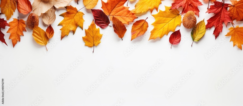 Poster Colorful autumn leaves displayed on a white table providing an inviting and visually appealing copy space image