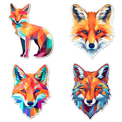 Obraz premium Colorful geometric fox illustrations in modern polygonal style. Bold vector art perfect for stickers, digital art, wildlife designs, and trendy graphic projects.